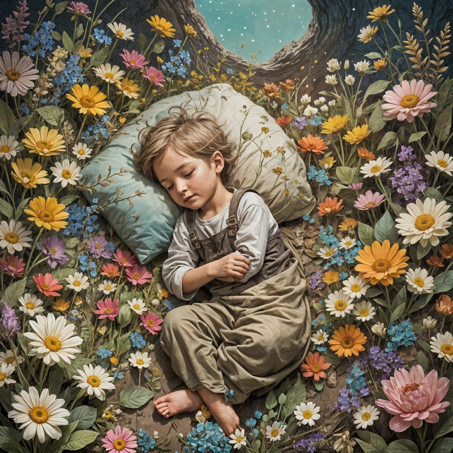 Child Sleeping with Flowers, Detailed Matte Painting