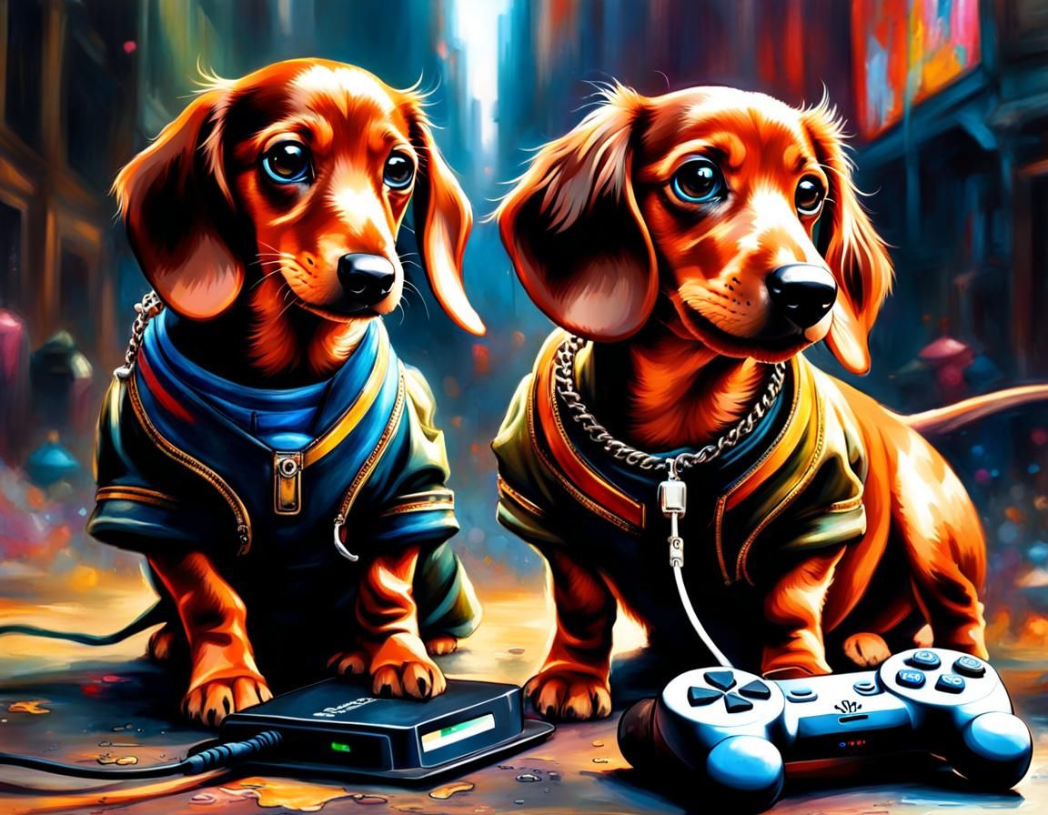 Dachshund Duo Play Video Games: Hyperdetailed Digital Art