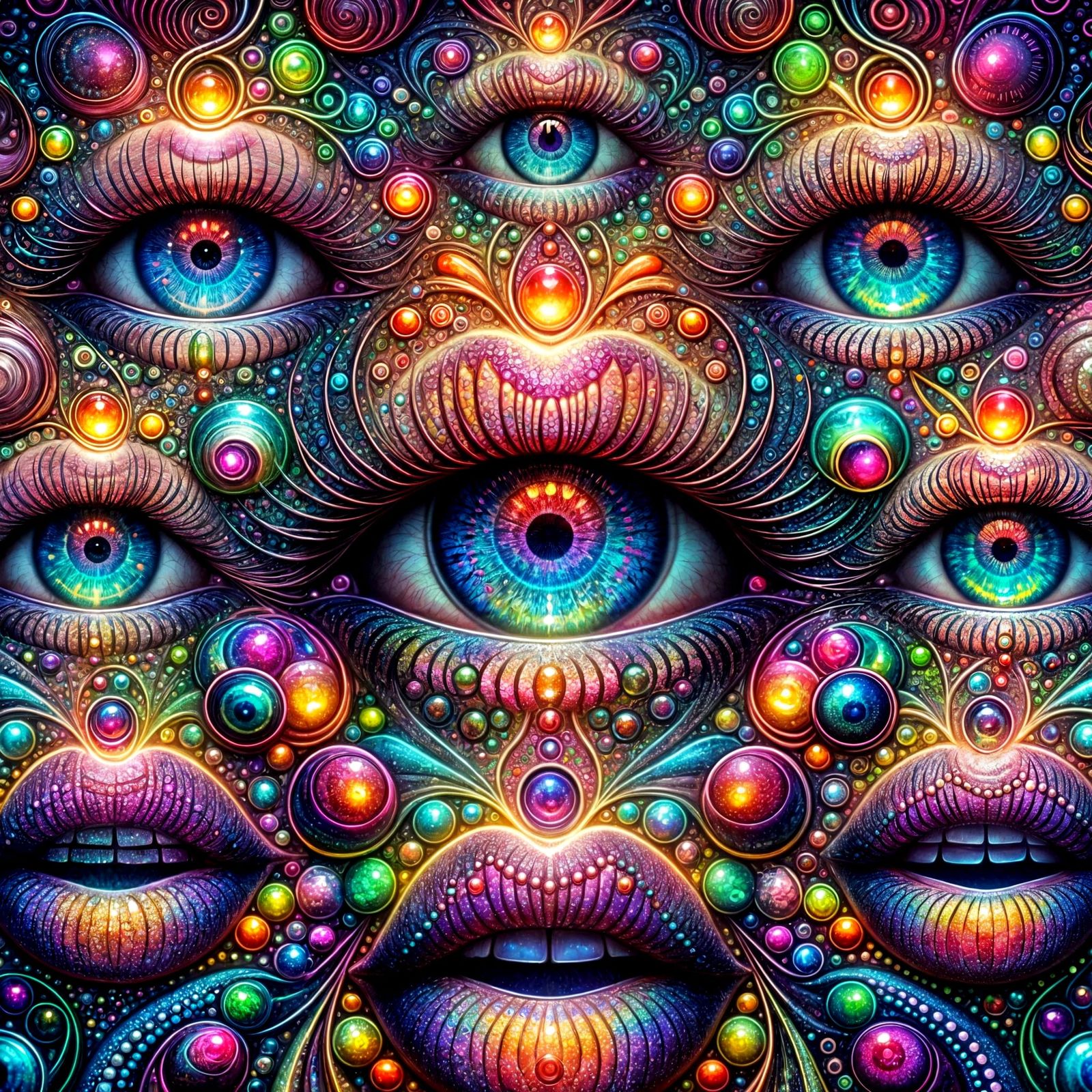 Neon Rainbow Kaleidoscope of Surreal Eyes and Lips