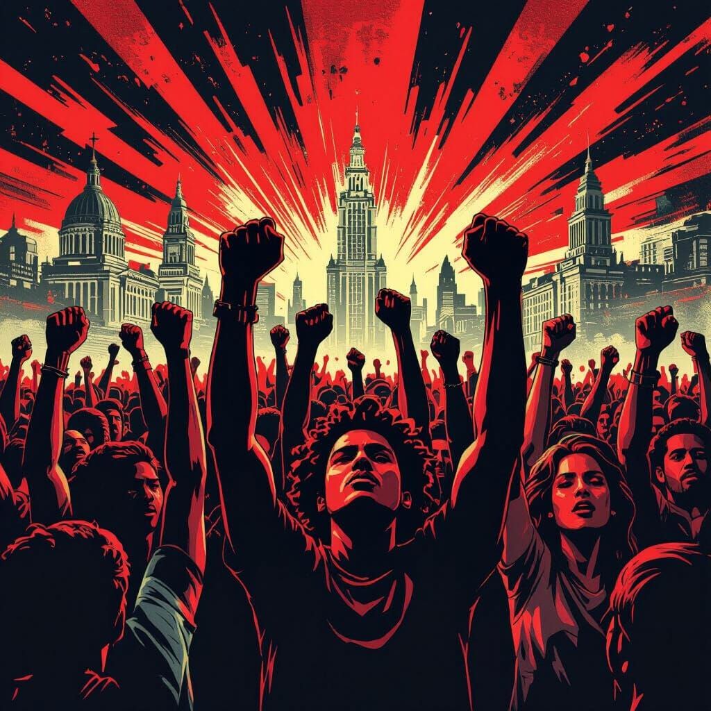 Empowered Crowd Raising Fists in Stylized Cityscape