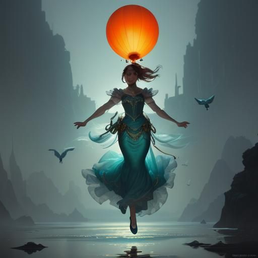 Mermaid's Flight: Balloons Lift Her Over the Sea