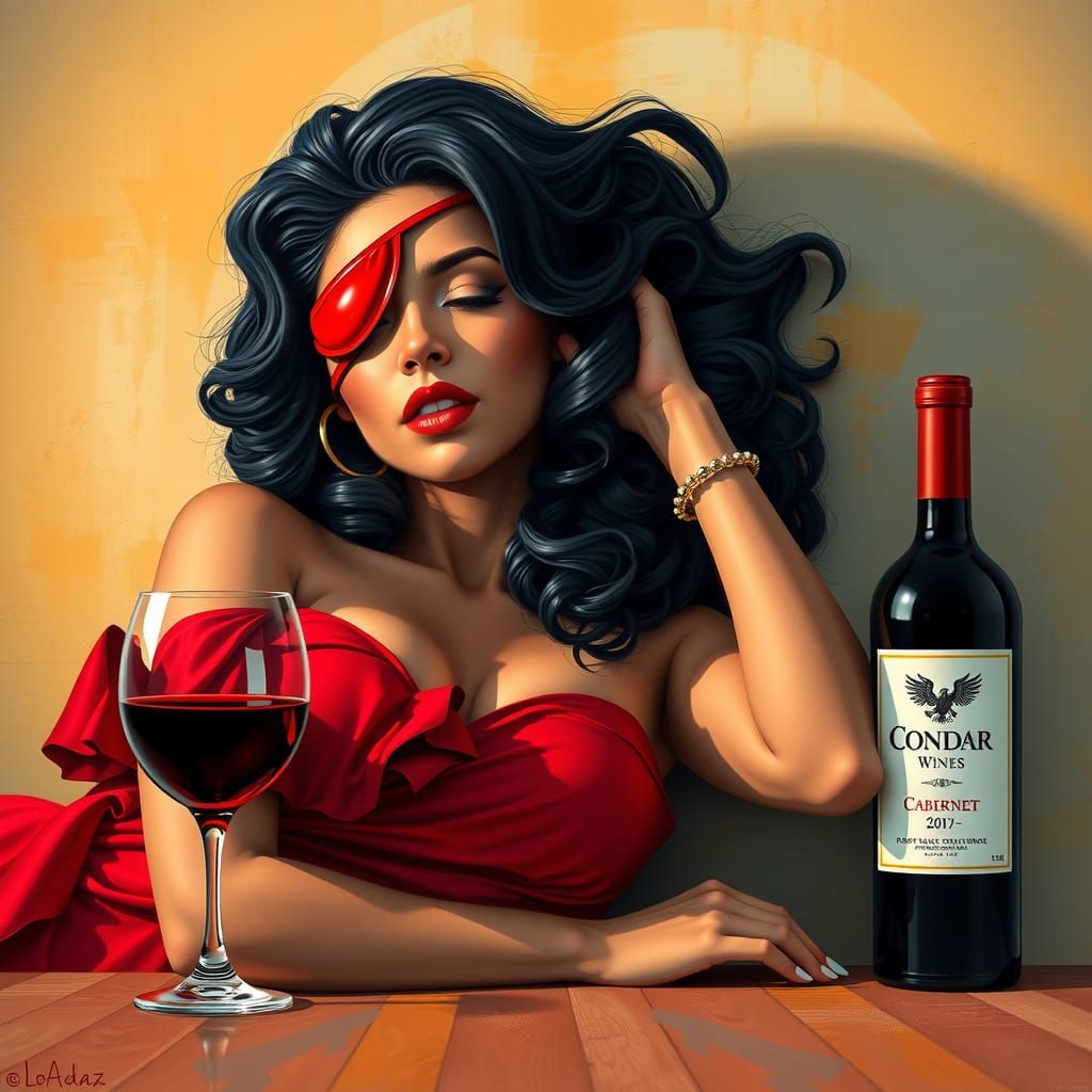 Latina with Eyepatch and Red Wine, Acrylic Style