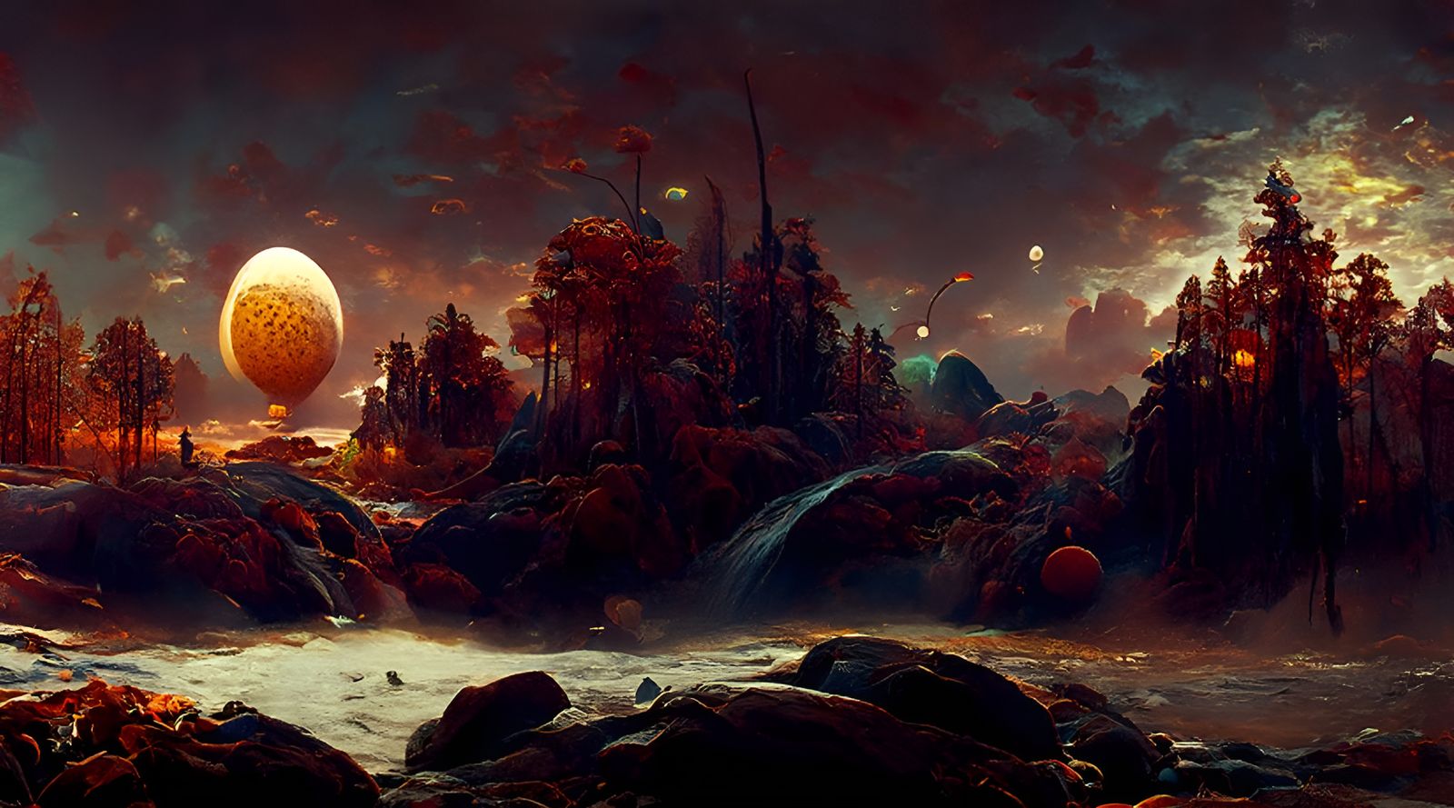 Mystical Alien Moonrise over Forest Lake