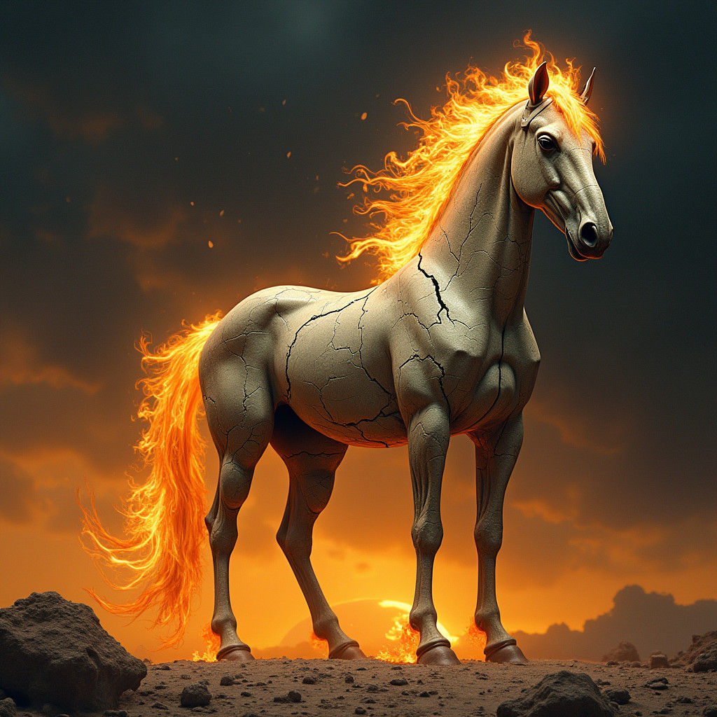 Majestic Stone Horse Engulfed in Flames