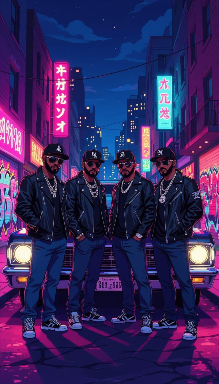 Cool Brothers with Lowrider Car in Animated Style