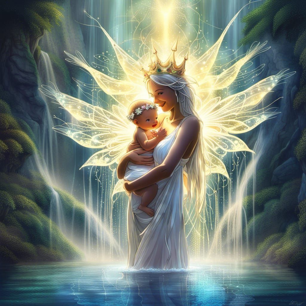 Winged Fairy Goddess Bathing Baby: Splatter Art Masterpiece