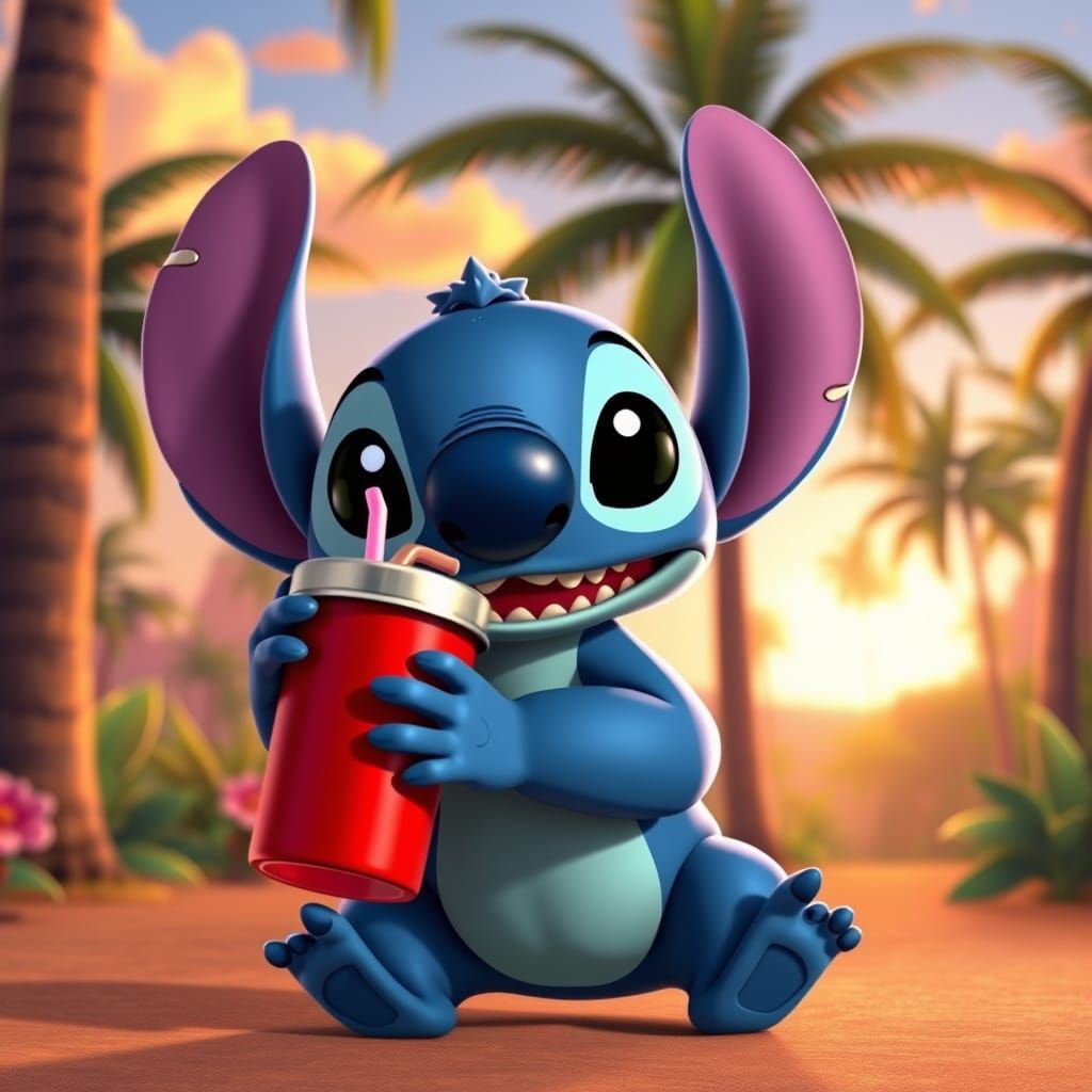Stitch Holds Stanley Cup in Hawaiian Sunset