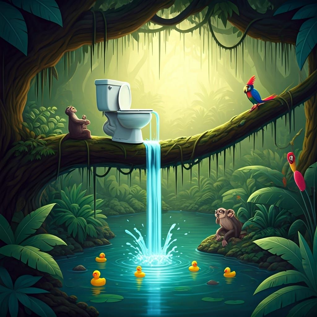 Jungle Toilet Waterfall in Cartoon Style