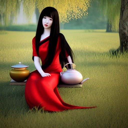 Chinese Girl with Teapot Under Willow Tree