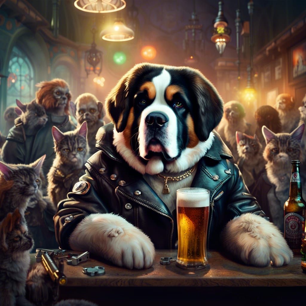 Saint Bernard at Zombie Cat Bar, Fantasy Art