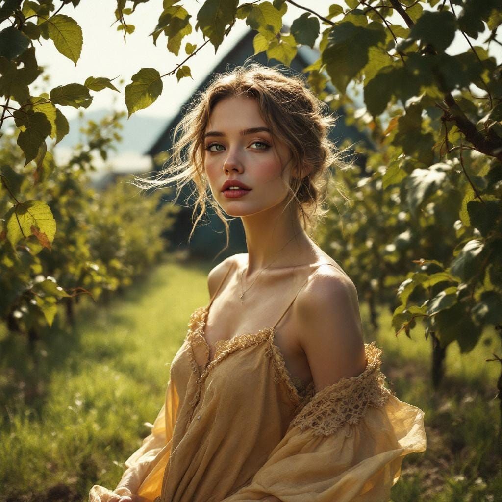 Sun-Drenched Orchard Scene in Impressionist Style