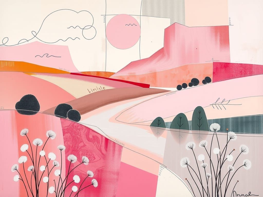 Vibrant Geometric River Landscape in Pastel Hues