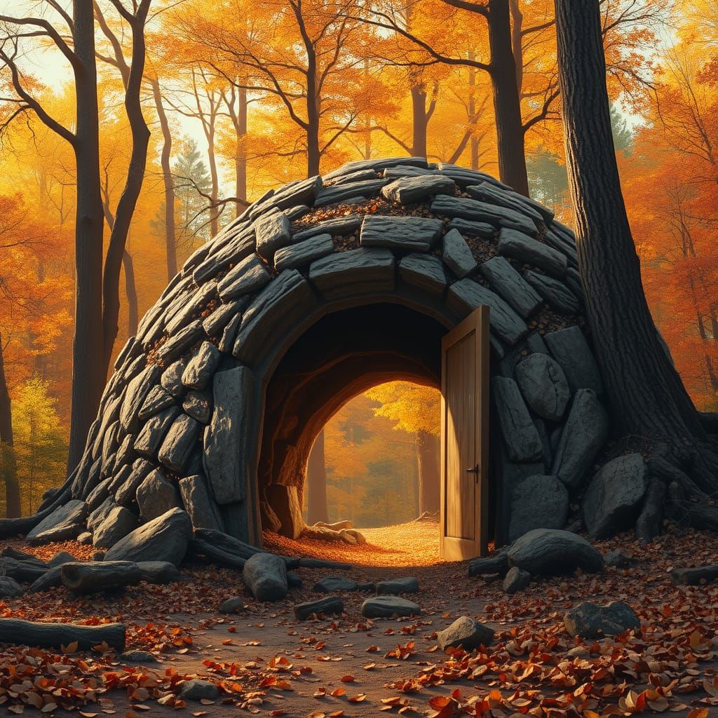 Hyperrealistic Anthill in Autumn Forest Oil Painting