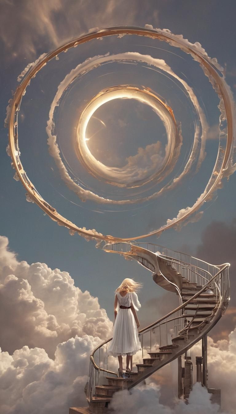 Surreal Steampunk Staircase to Heavenly Clouds