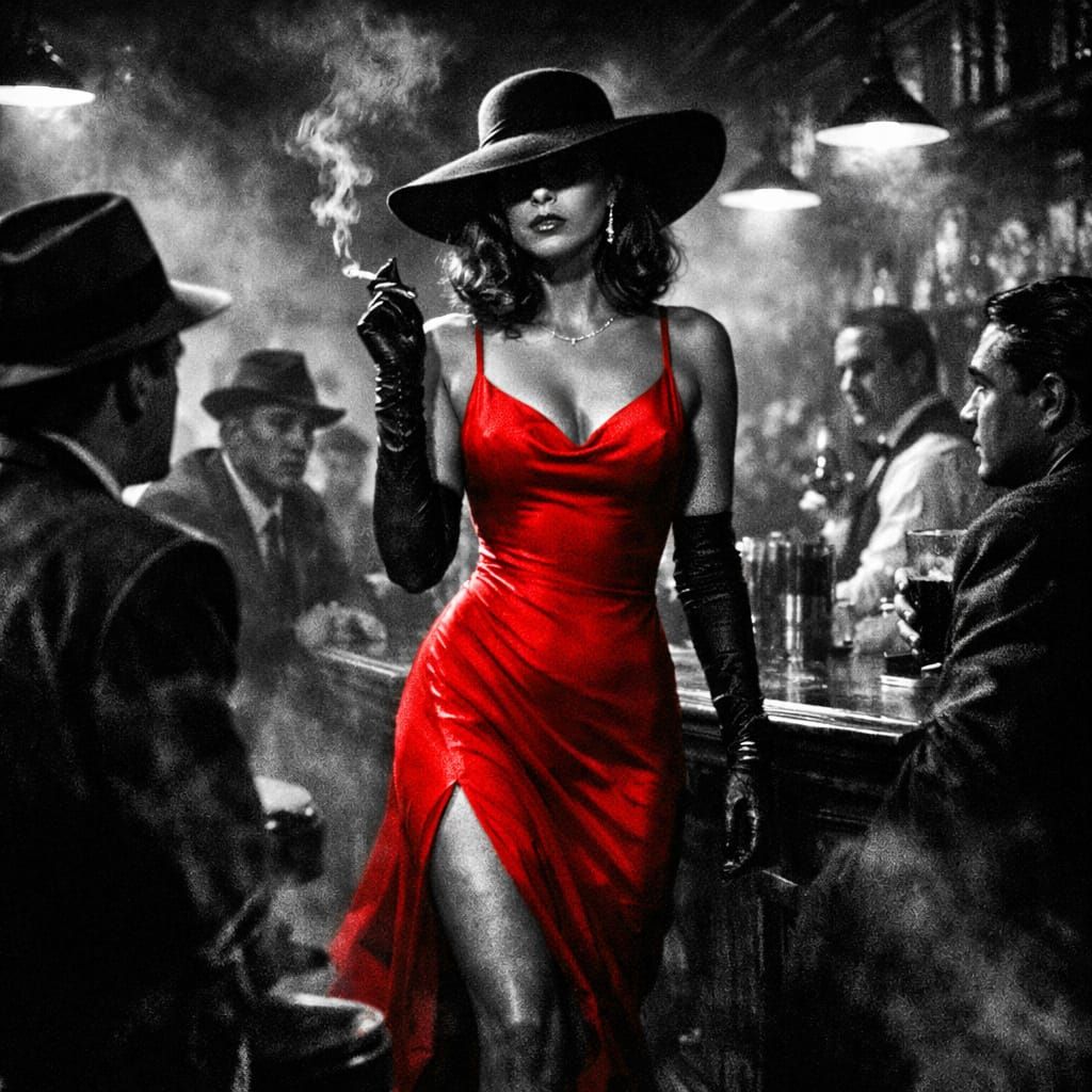 Mysterious Woman in Red Dress Enters Smoky Bar