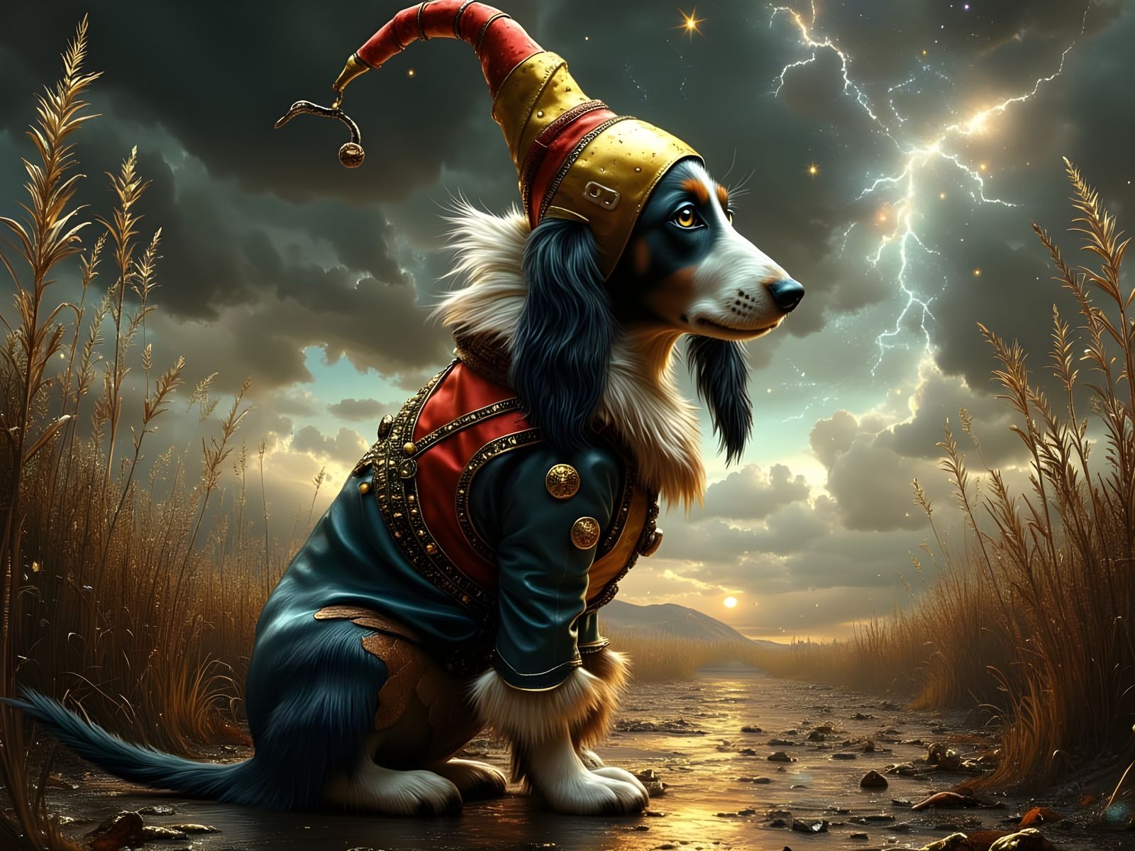 Steampunk Basset Hound Clown in Dark Fantasy Carnival