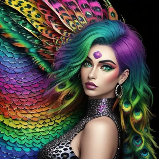 Rainbow Dragon Woman with Peacock Hair: Abstract Art