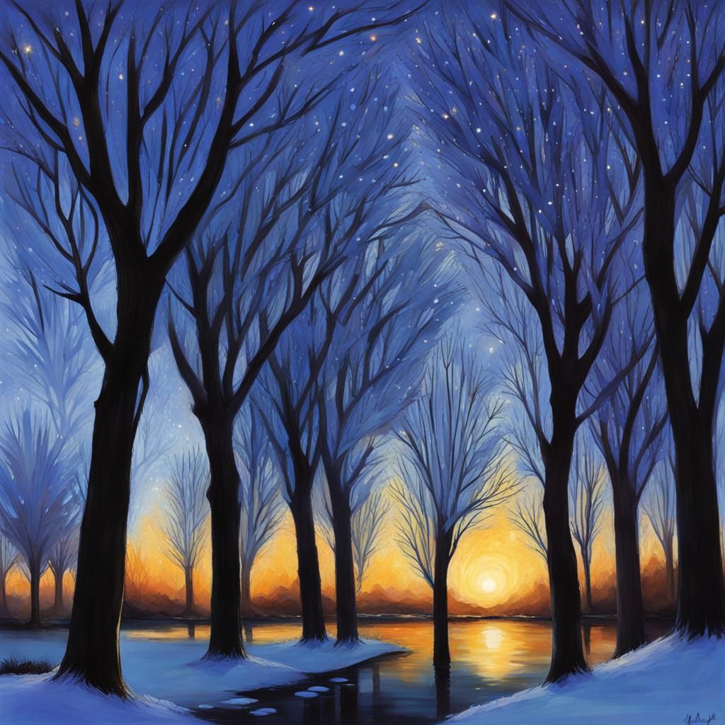 Fireworks Over Weeping Willows in the Night Sky