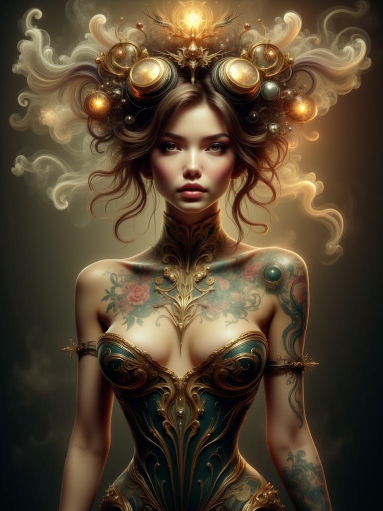 Clockwork Woman in Steampunk, Alphonse Mucha Style