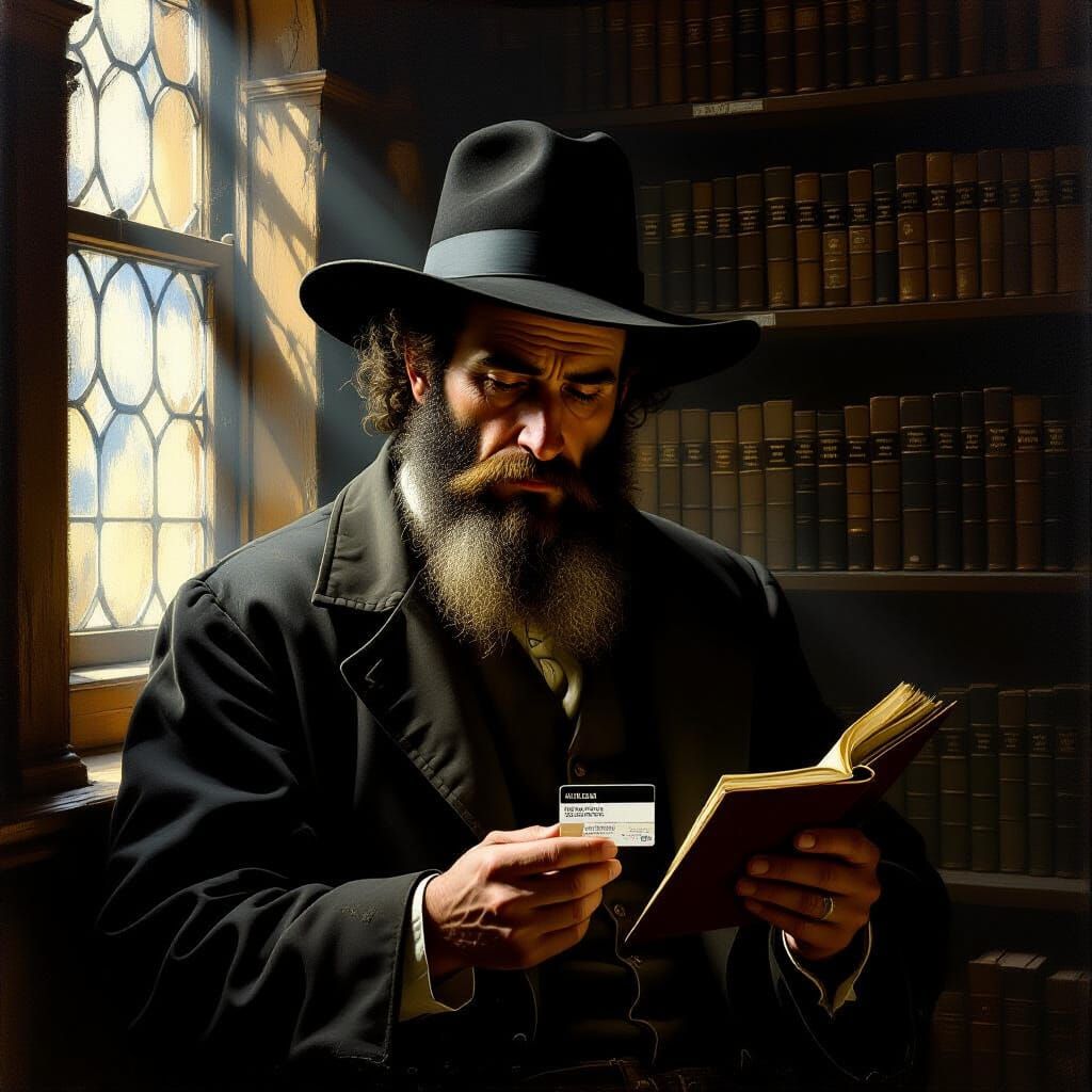 Hasidic Man in Ancient Library, Oil Painting Style