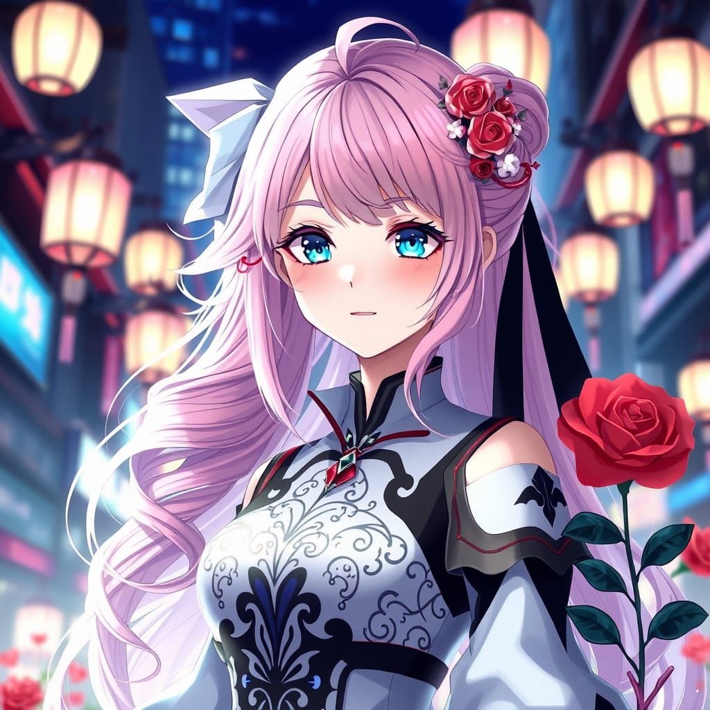 Fantasy Anime Goddess Illuminated by Vibrant City Lanterns