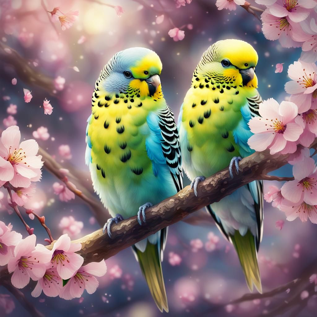 Budgerigar Pair in Cherry Blossoms, Digital Painting