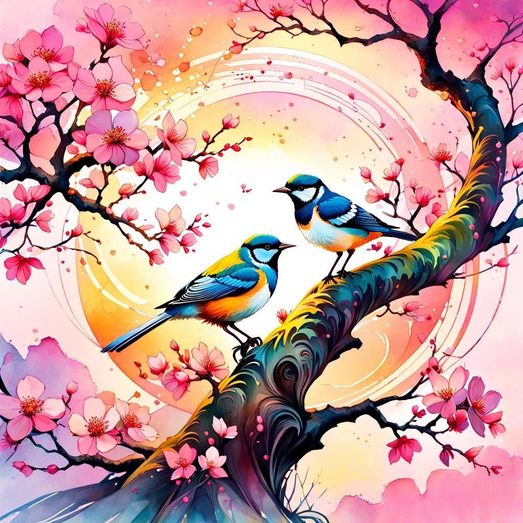 Blossom Bird Tree in Digital Watercolor Illustration