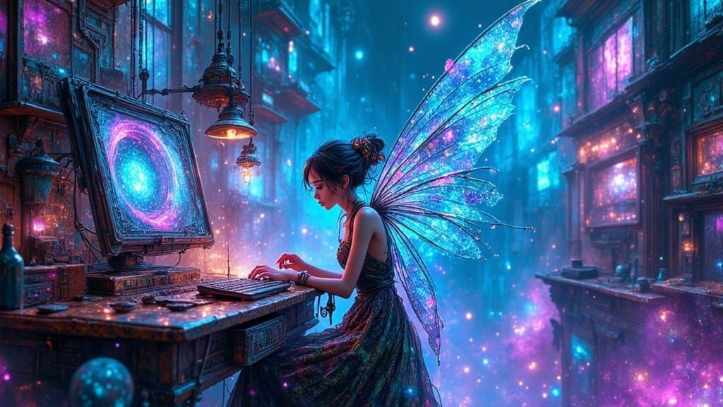 Cyberpunk Pixie Fairy Planting Virus in Computer
