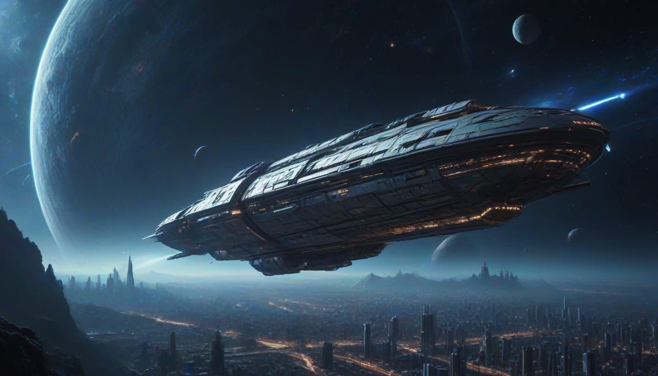 Photorealistic Spaceship Approaching Futuristic Megacity Spa...