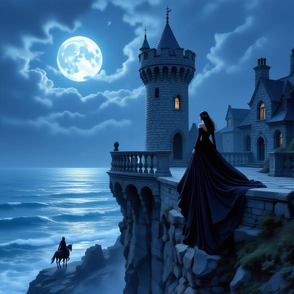 Gothic Tower Scene with Rider in Moonlight