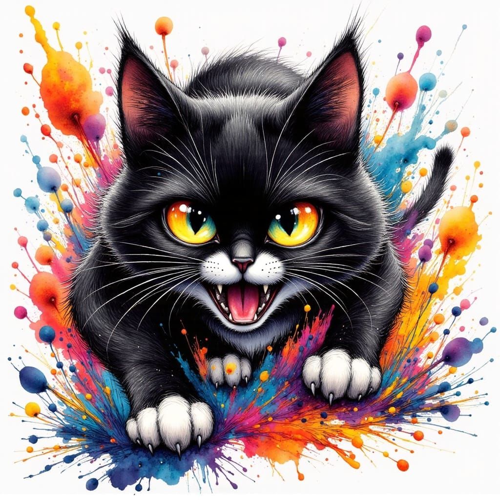 Fierce Tuxedo Cat in Expressive Ink Art