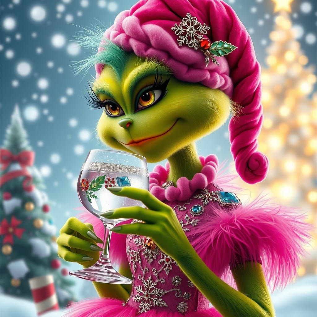 Sassy Christmas Grinchess Poses in Haute Couture