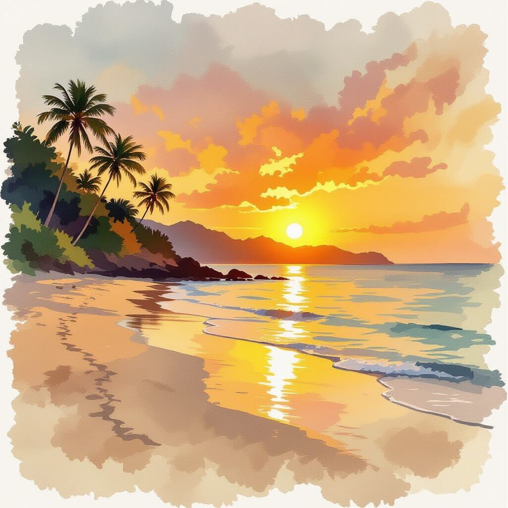 Thai Beach Sunrise: Vibrant Watercolor Impression