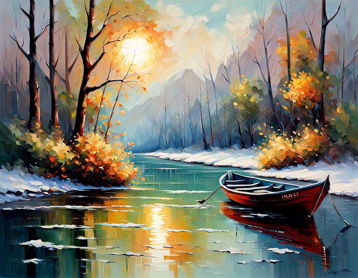 Impressionist Oil Painting of Boat on Gentle River