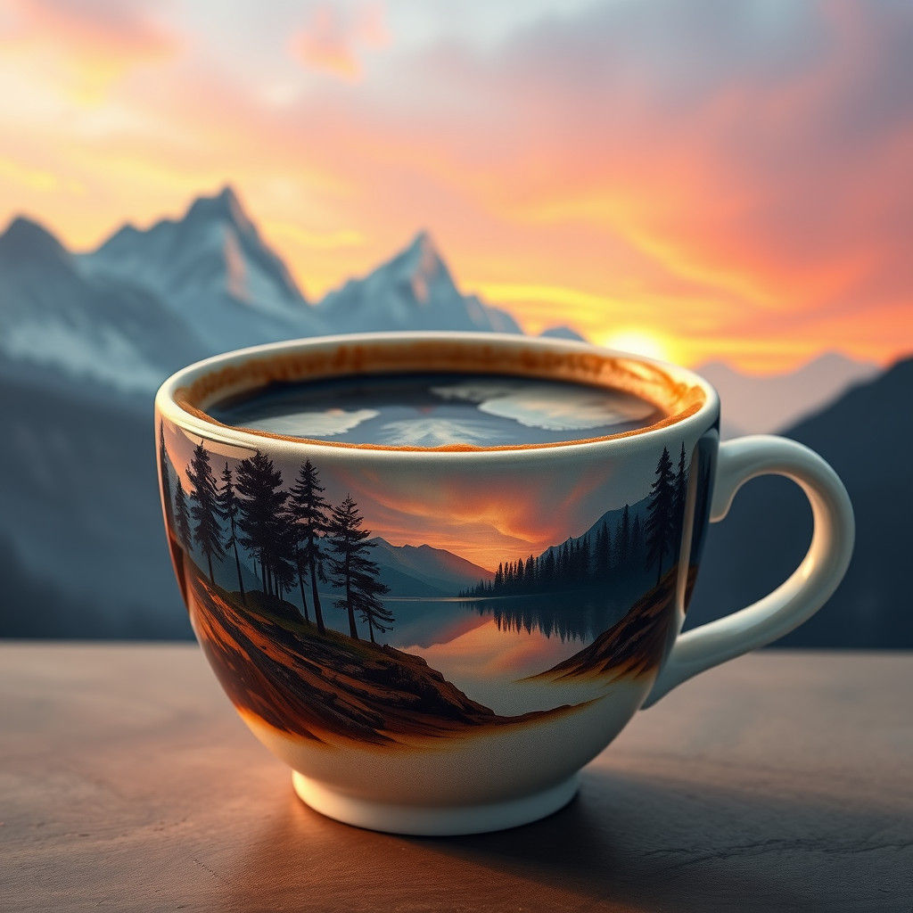 Coffee Foam Art: Surreal Mountain Landscape