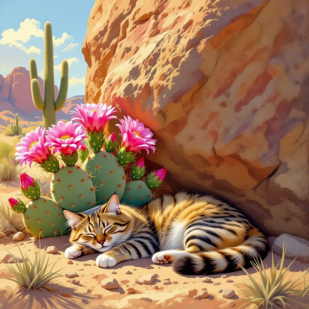 Desert Cat's Serene Siesta: Realism and Whimsy