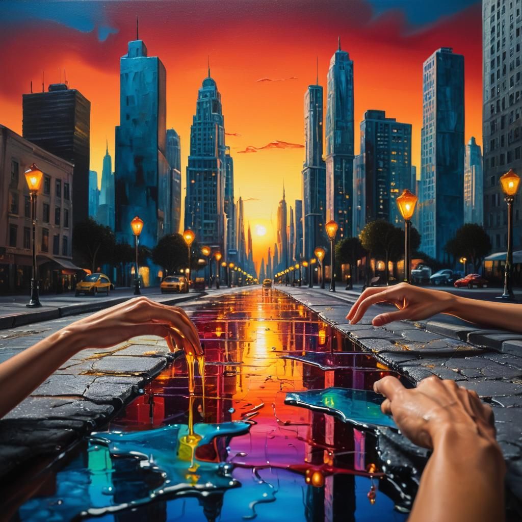Surreal Cityscape Held in Hands: Oil Painting