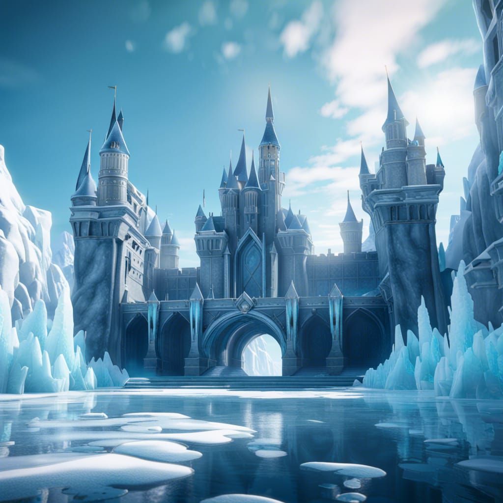 Majestic Ice Castle with Frozen Moat in 3D