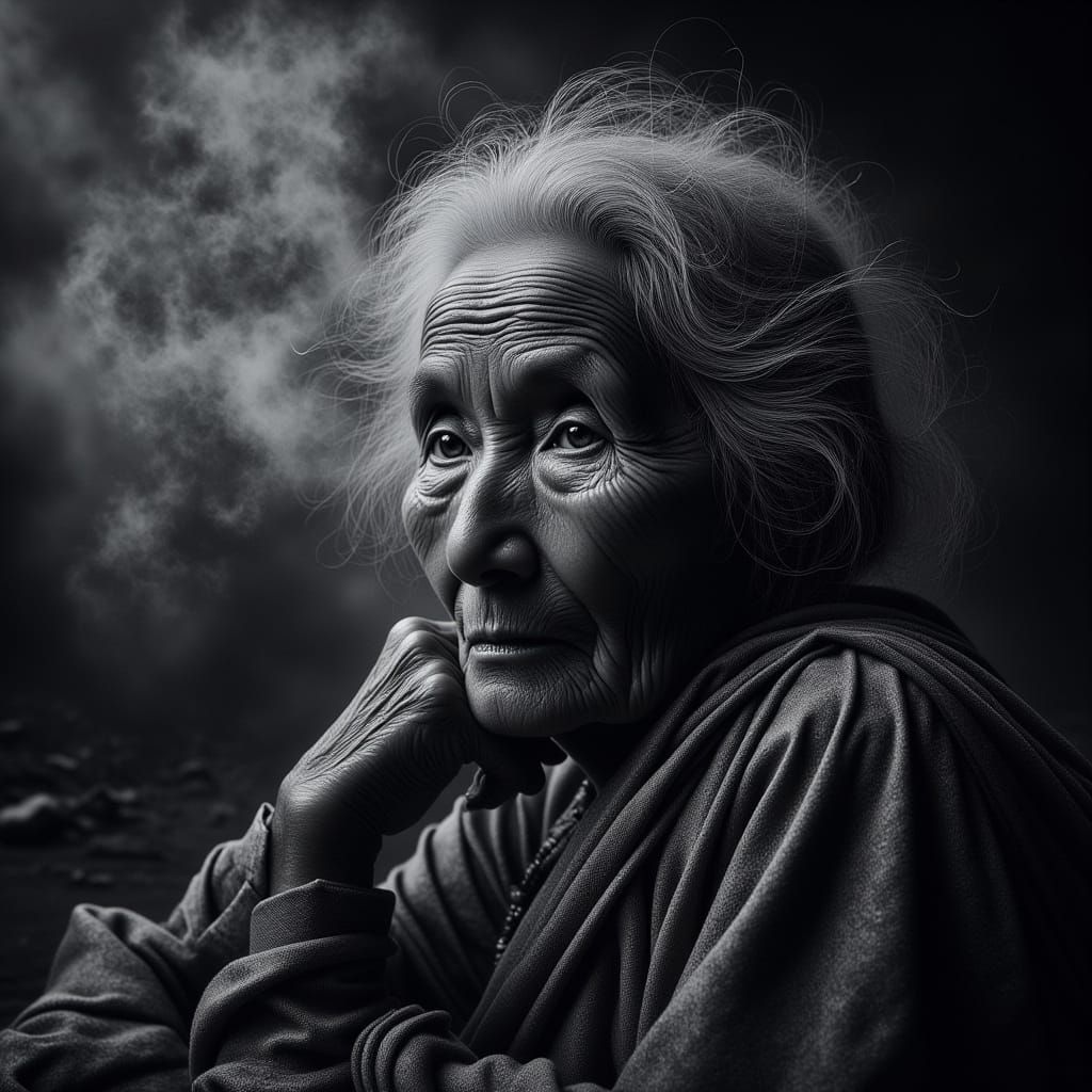 Contemplative Cambodian Woman in Monochrome Mist