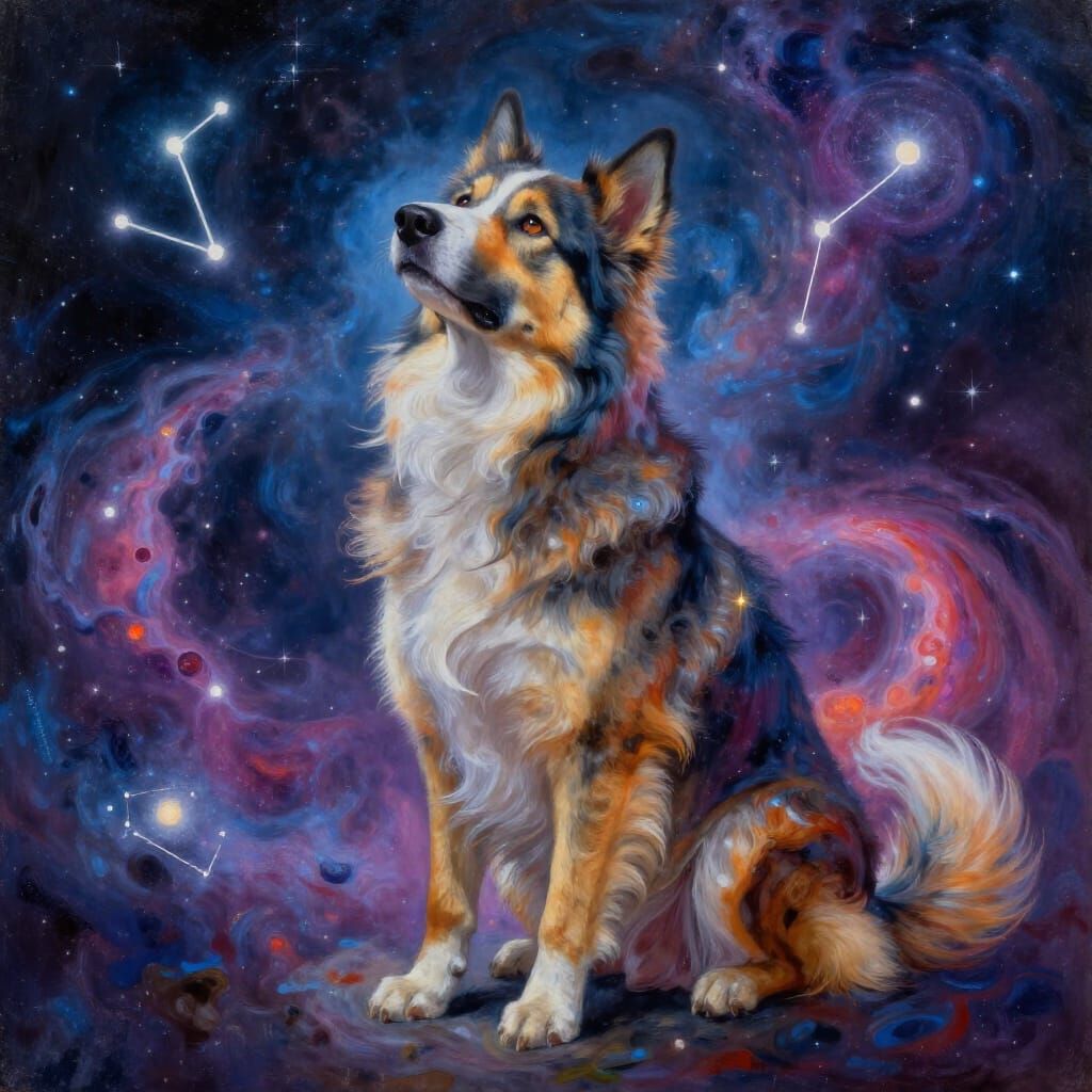 Majestic Cosmic Dog in Celestial Nebula Painting