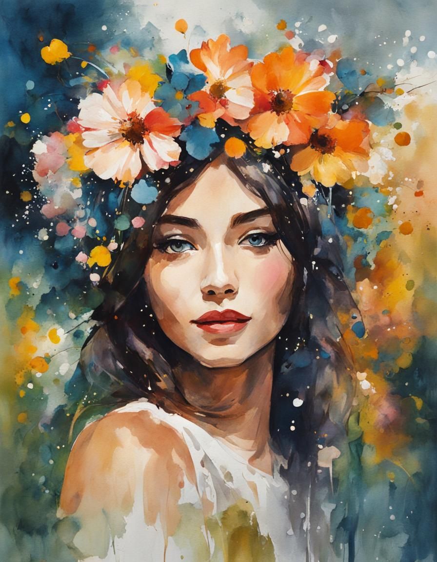 Abstract Gouache Painting of Girl with Flower Crown