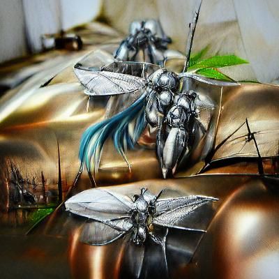 Metallic Insects with Silver Wings in Dieselpunk Anime Style