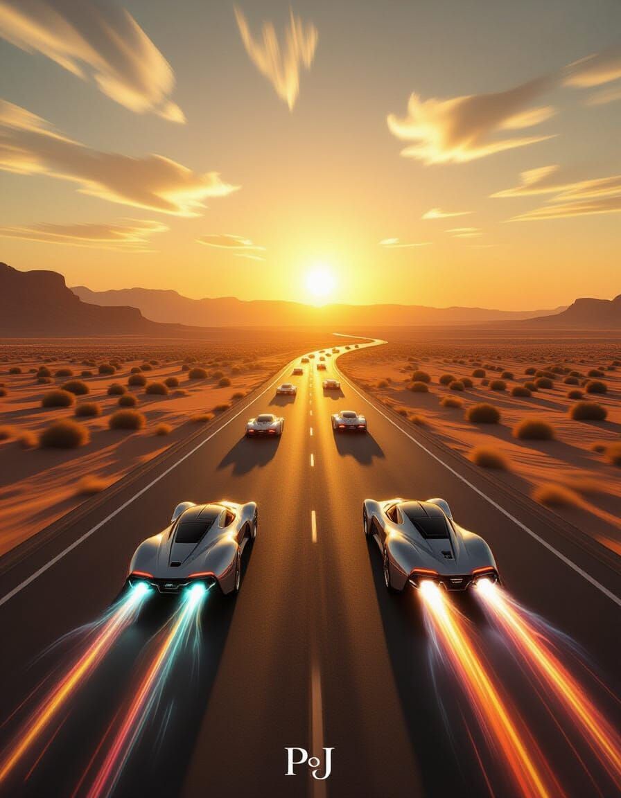 Futuristic Desert Highway with Hover Cars at Sunset