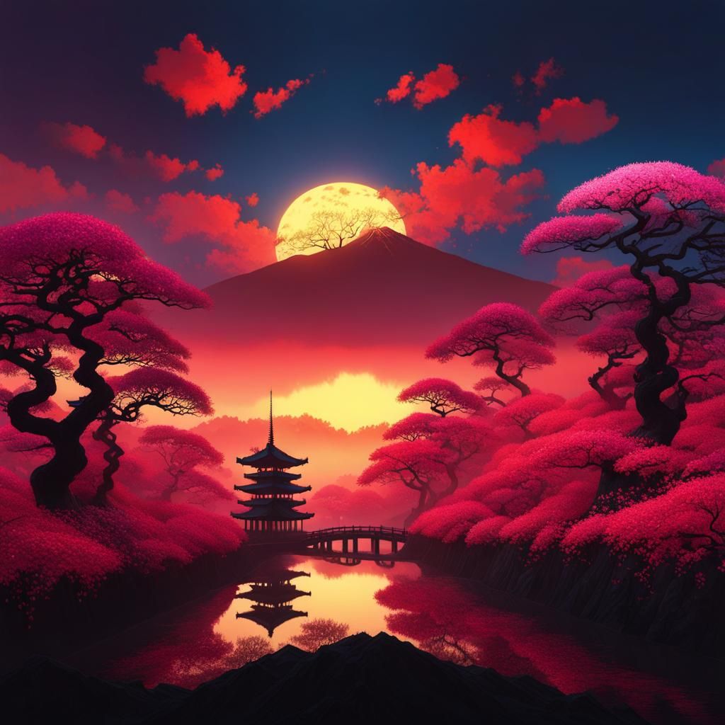 Sakura Trees in Japanese Village with Dynamic Lighting