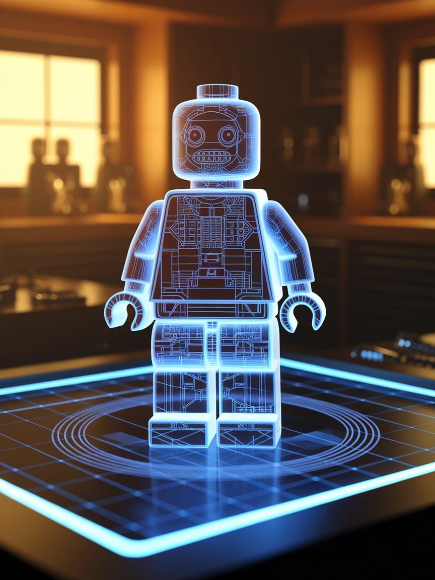 Lego Man Technical Blueprint in Futuristic Workshop