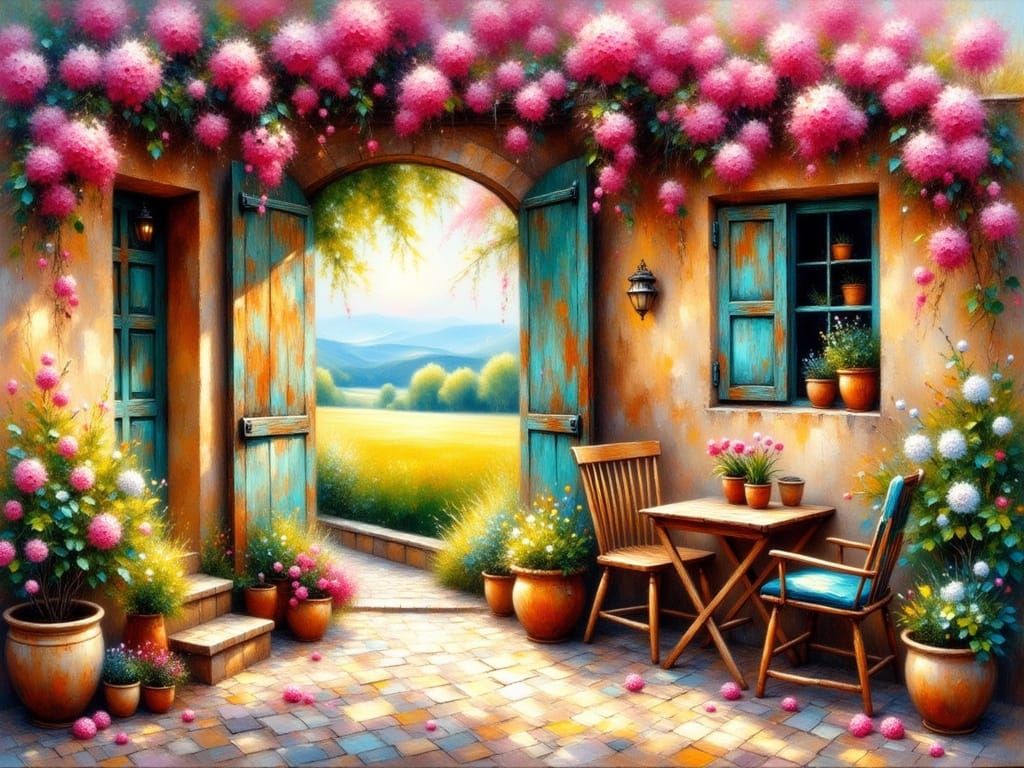 Impressionist Oil Painting of a Tranquil Rural Courtyard