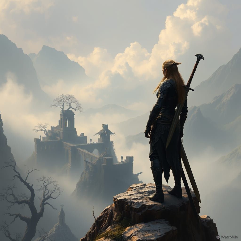 Drow Warrior Amidst Ancient Ruins in a Fantastical Landscape