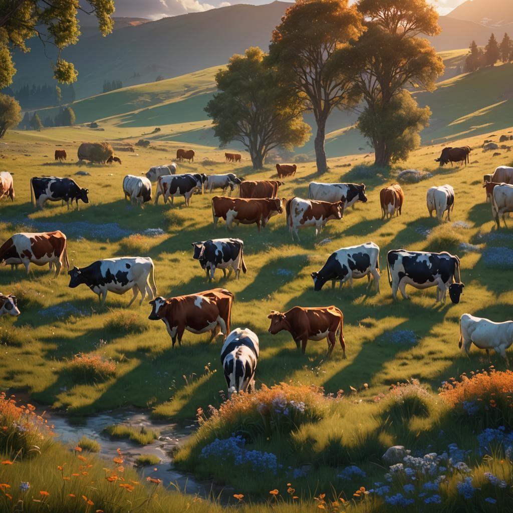 Cows Grazing in Lush Pasture: Matte Painting