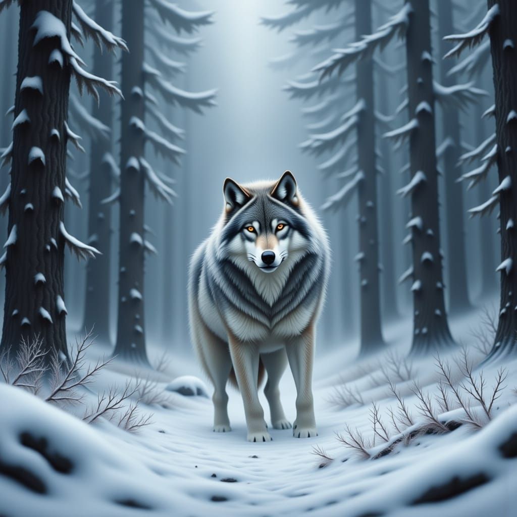 Majestic Wolf in Snowy Forest Clearing