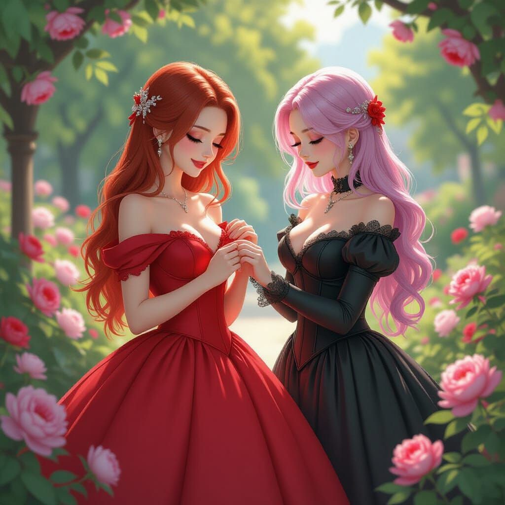 Japanese Woman Tries on Gown in Peony Garden